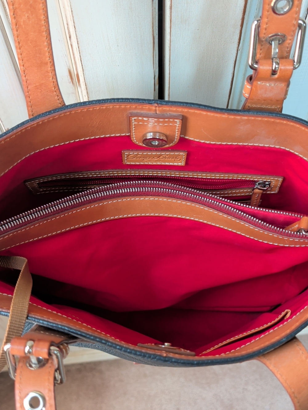 Dooney & Bourke, Midnight Blue Large Pebble Leather Tote With Rich Red Lining - Picture 4 of 16